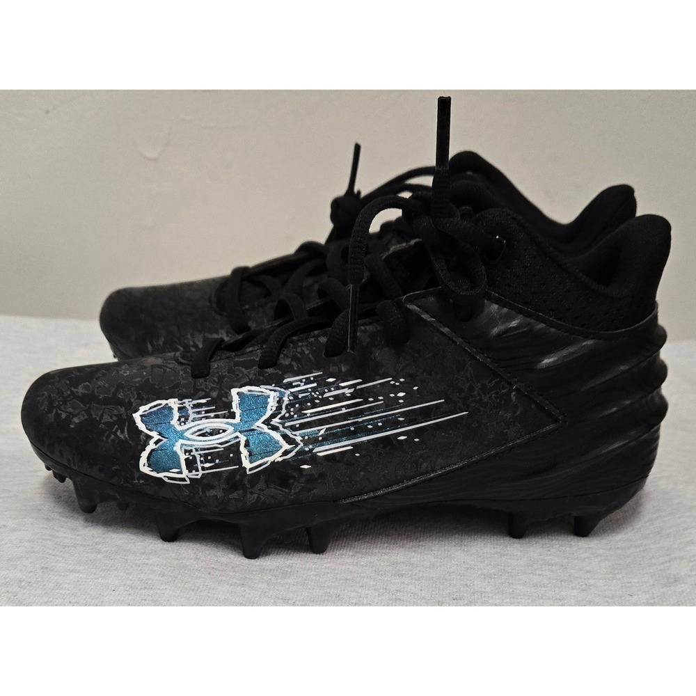 Under Armour Kids Football Cleats Black Blue Logo Athletic Shoes
